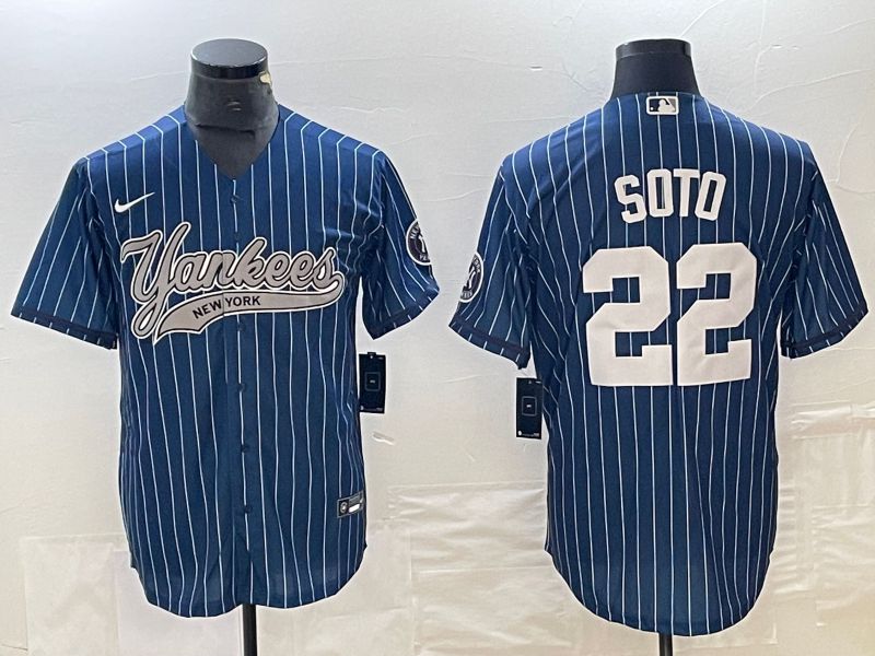 Men New York Yankees #22 Soto Blue stripe Nike Game MLB Jersey style 3
